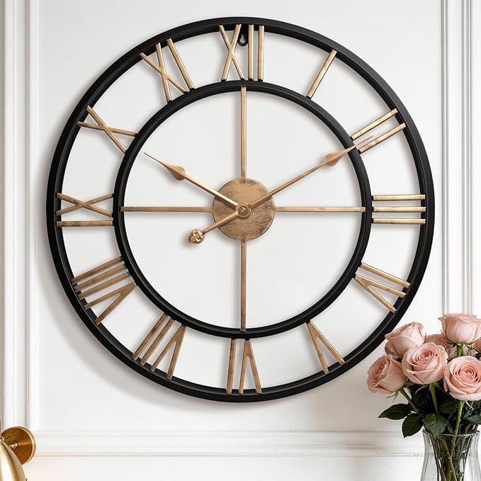 Pytha Sight 30 Inch Large Wall Clocks for Living Room, Farmhouse Roman Numeral Metal Wall Clock, Silent Non-Ticking Oversized Decorative Wall Clock for Fireplace, Dining Room, Office Decor