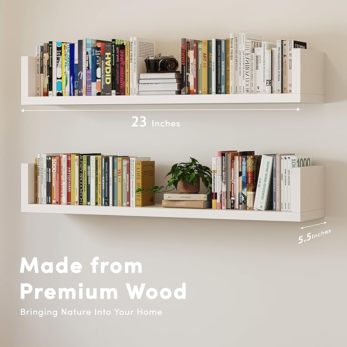 Wall Bookshelf, Set of 4, U Shaped Floating Bookshelf, Hanging Bookshelves for Wall, Wall Mounted Shelves for Living Room Bedroom Office (White, 23.6 Inches, 4)