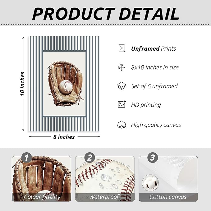 Sports Wall Art Decor Toddler Boys Room Canvas Prints Vintage Sports Nursery Wall Decor Baby Kids Poster Football Baseball Pictures Basketball Soccer Artwork for Children Bedroom 8x10x6 Inch Unframed