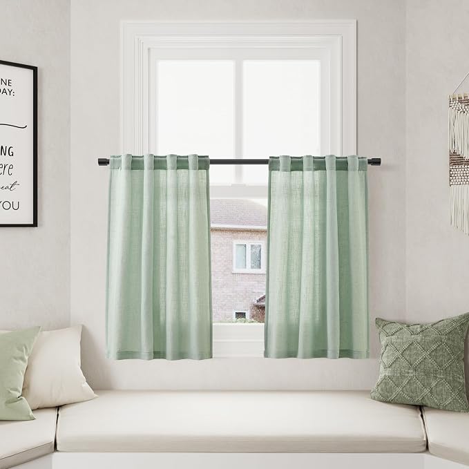 Aqua Green Linen Kitchen Curtains 36 Inch Length 2 Pack Light Filtering Semi Industrial Style Transparent Linen Blend Short Drapes Back Tab Rod Pocket for Small Windows Cafe Bathroom Garage 26Wx36L