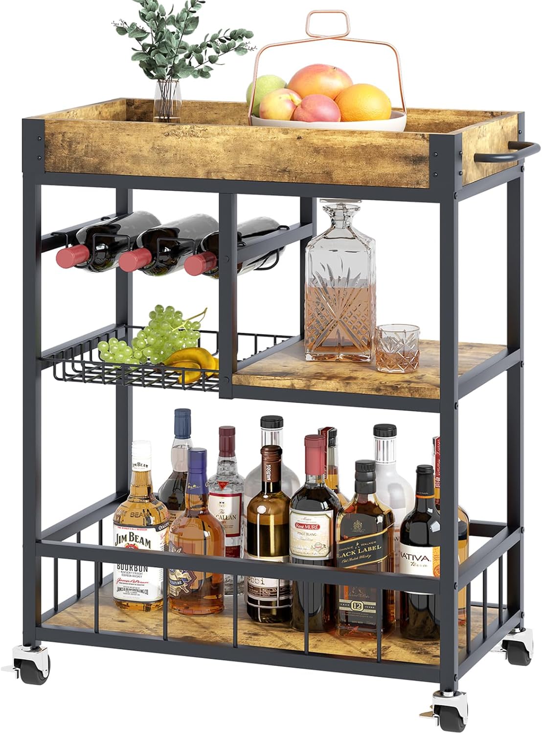 Bar Cart with Basket 3 Tiers Home Rolling Wine Rack with Wheels Mobile Kitchen Industrial Vintage Style Wood Metal Serving Trolley Serving Cart,Glass Holder Bar Cabinet