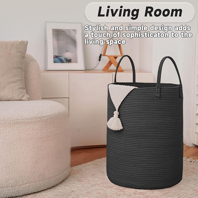 JMvicyroam Large Woven Laundry Basket Hamper,60L Cotton Rope Storage Bin for Blankets,Toys and Clothes,Decorative Tall Nursery Hamper for Living Room,Baby Nursery,Bathroom and Bedroom,Black