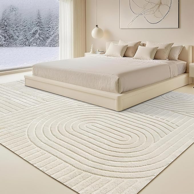Beige Solid Area Rug 9x12, Large Washable Living Room Rug, Ultra Soft Indoor Rugs for Bedroom, Modern Geometric Boho Pattern High-Low Textured Carpet for House Apartment, Home Office Decor