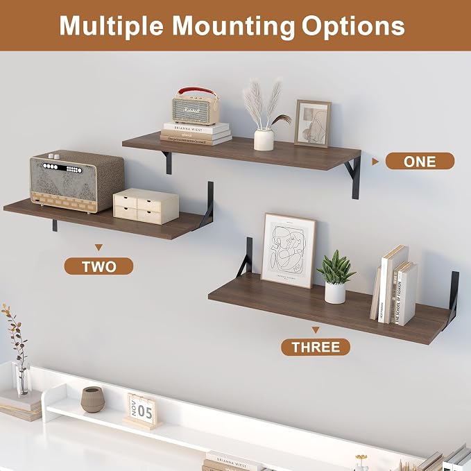 Long Wall Shelves, 48" W x 12" D Large Floating Shelves Set of 2, Wide Display Wood Shelf Wall Mounted with Heavy-Duty Metal Brackets for Bedroom Books, Living Room, Kitchen, Walnut
