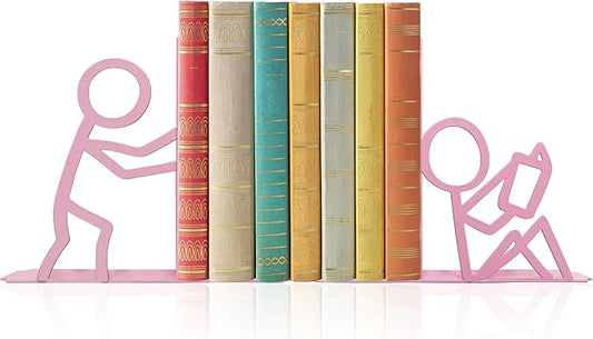Metal Unique Office Desk Bookends Bookends Decorative Cute Book Ends Reading Decor Bookshelf Decor for Office School Library Bedroom, Book Lovers Gift（Pink）
