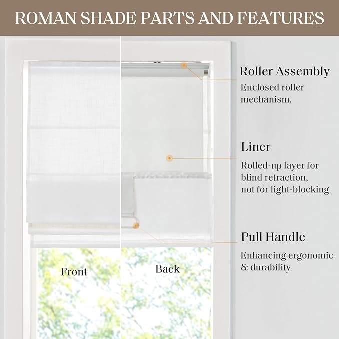 Madison Park Kyler Cordless Roman Shades - Single Panel, Lightweight Linen Blend Fabric, Natural Design, Easy Installation, Light Filtering Window Blind, Bedroom, Living Room Decor 35"W x 64"H White