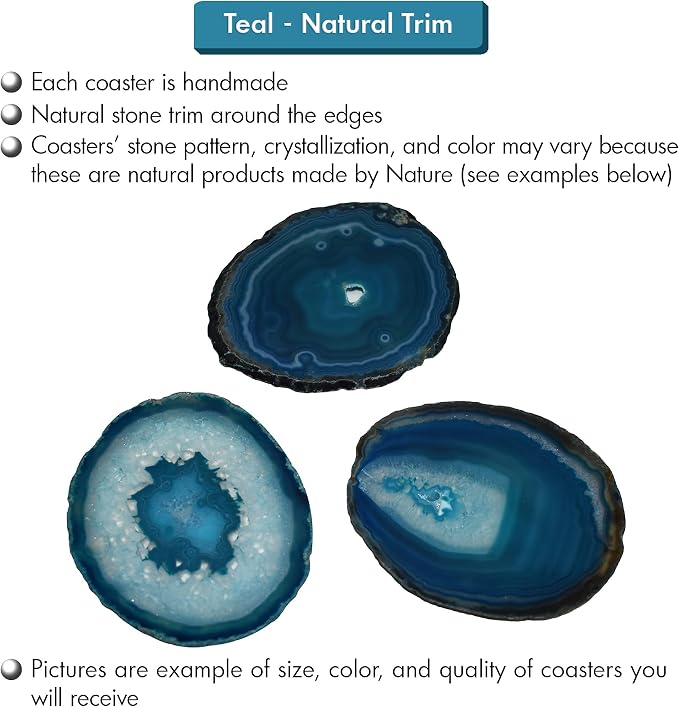Nature's Decorations Teal Agate Stone Coasters - Set of 4, Polished Geode Drink Mats for Dining & Coffee Table & Kitchen Geode Decor Non-Toxic 3.5-4" Diameter