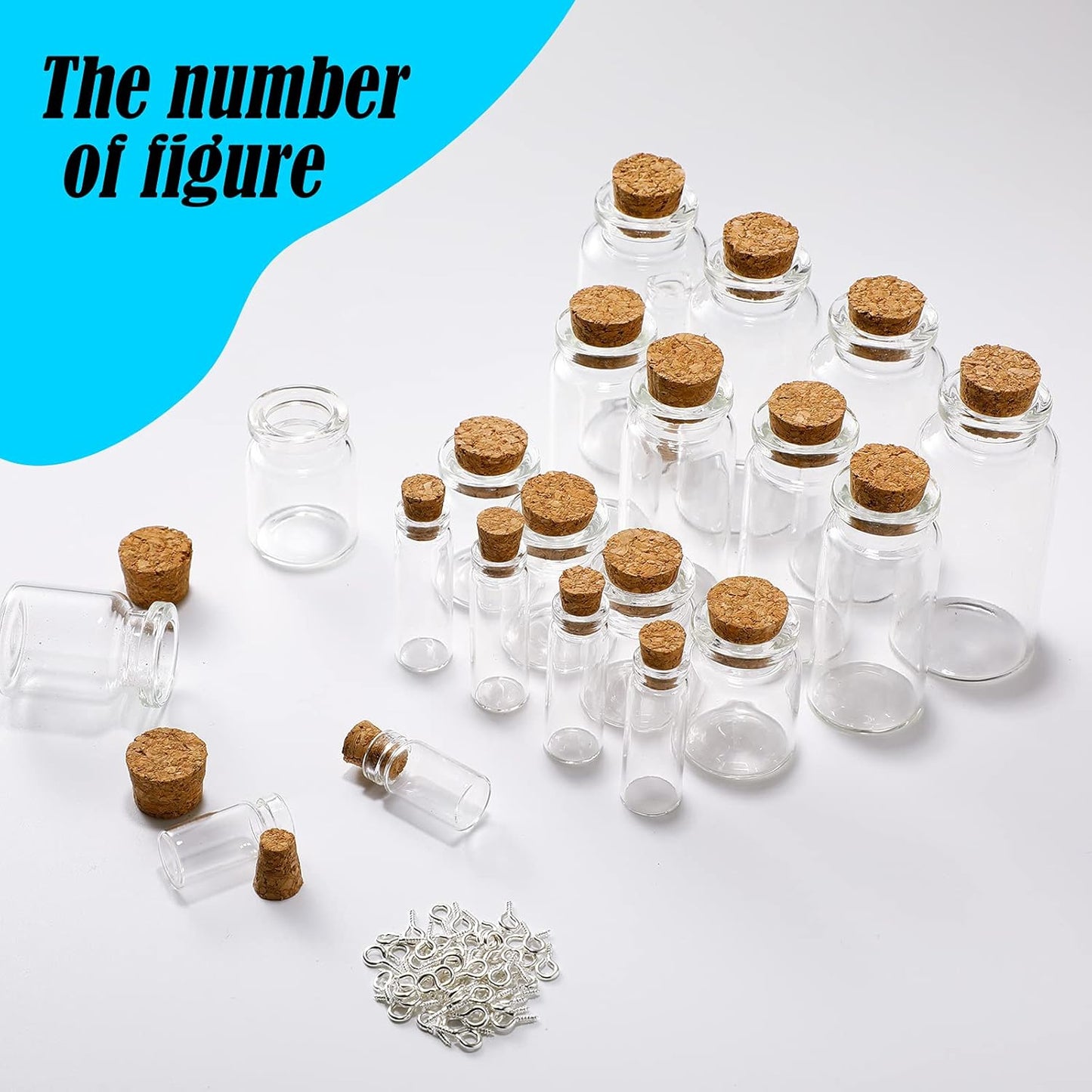 Geiserailie 45 Pcs Mini Glass Bottles with Cork Stoppers Spell Jar Clear Wishing Jars with 50 Eye Screws 3 Funnels for Wedding Party Favors DIY Art Crafts Decoration, 5 Sizes