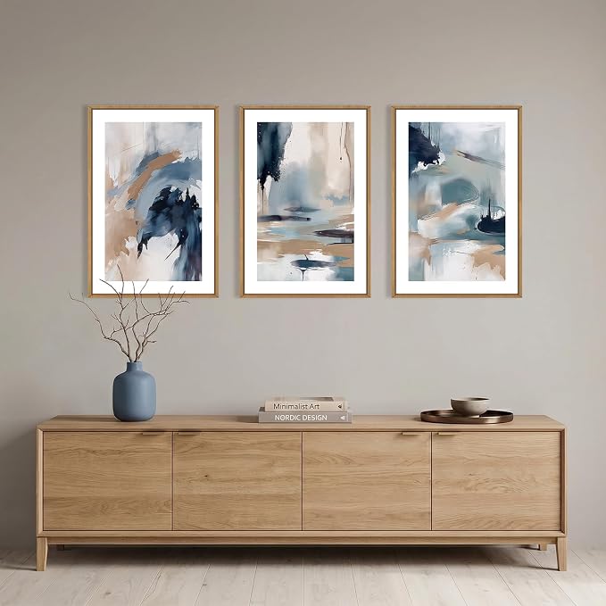 KAIRNE Blue Abstract Neutral Framed Canvas Wall Art Set, Navy Abstract Wall Decor, Watercolor Blue and Brown Wall Painting, Modern Textured Art Prints for Living Room, Bedroom, Office-16 x24 x3