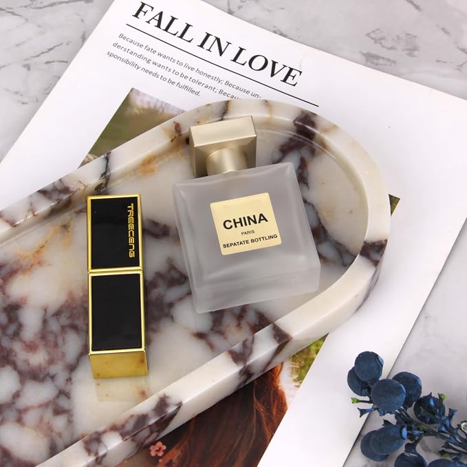 Oval Marble Bathroom Vanity Tray, Natural Luxury Marble Home Kitchen Bathroom Table Tray, Stone Decorative Countertop Tray for Coffee Perfume Jewelry (Calacatta Viola, 10" x 5" x 0.6")