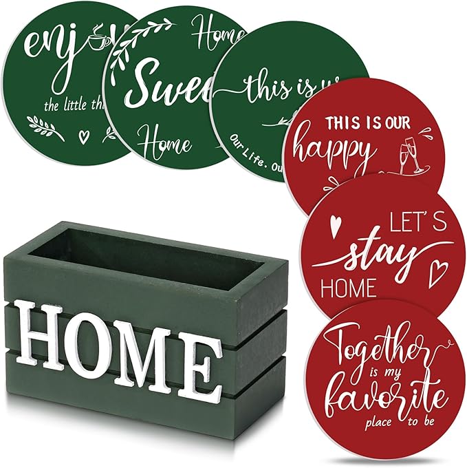 Queekay Coasters Set of 6 House Warming Gifts New Home Wooden Farmhouse Drink Coasters with Holder 4'' Funny Decoration for Kitchen Family Coffee Bar Tabletop Protection(Red,Green)