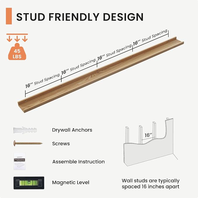 Acovy Solid Ash Wood Picture Ledge Shelf, 72 inch, Natural | Set of 2, Wall Mounted, For Living Room Kids' Room Bedroom