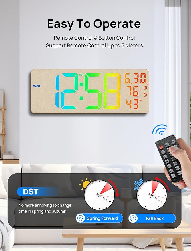 MASHI 2026 Upgrade 17.3" Large Digital Wall Mount Clock, Digital Clock with Remote Control, Alarm, Big LED, RGB Color, DST, Temperature for Living Room,Classroom, Bedroom, Decor (Beige)