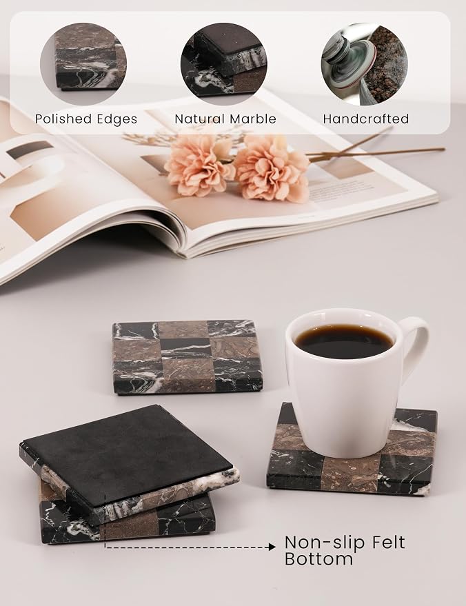 Marble Coasters Set of 4, Zebra Black & Oceanic Handmade 4 inch Stone Coaster, Square Drink Checkered Coasters for Coffee Table, Stylish Bar Accessories & Modern Home Décor