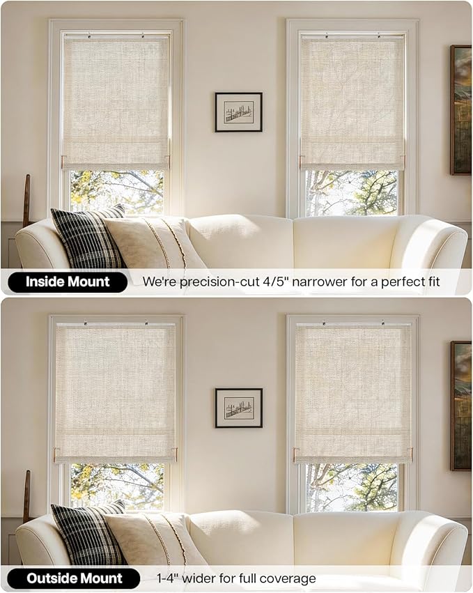 LazBlinds Manual Roll-up Bamboo Blinds, 36" W x 72" H, Star-Off White | Easy Install Roller Shades for Windows, Hook-On Light Filtering Bamboo Shades for Interior Indoor Windows
