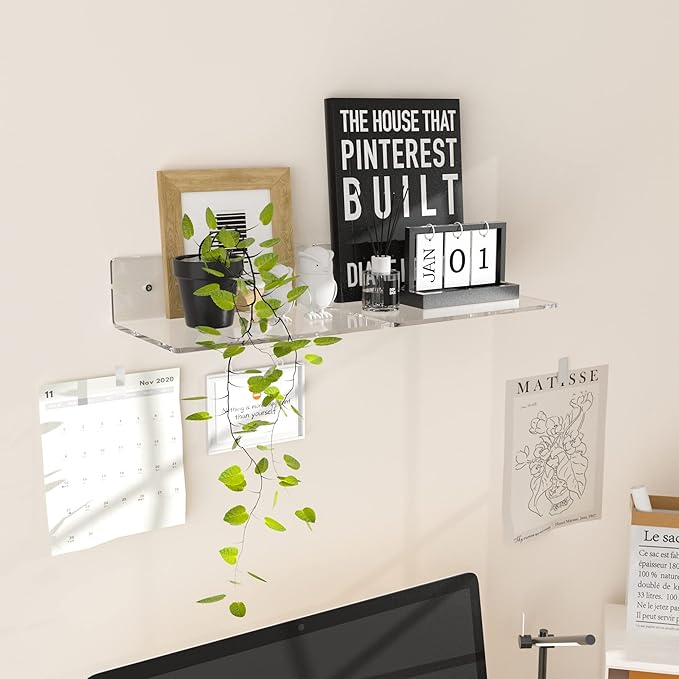 Sezanrpt 9 Inches Acrylic Wall Shelves 2 Pack, Floating Shelf for Wall Mounting, Acrylic Display Ledges for Funko Pop Figures, Home Décor, Living Room, Gaming Room, Plants(9 inch, Clear)