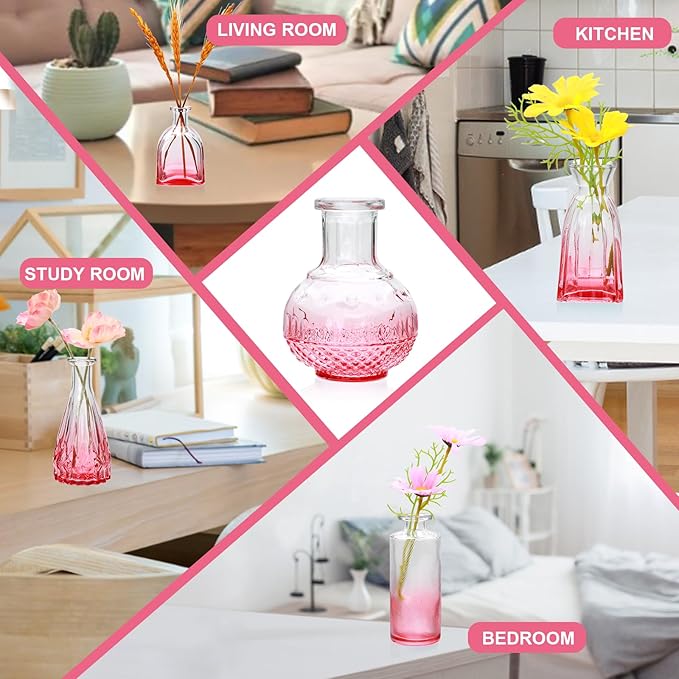 Brajttt Pink Small Flower Vase Set, Glass Bud Vase in Bulk Set of 8,Artistic and Cultural Flavor Mini Vases for Home Office Decor, Bedroom, Office, Living Room Decorations,Wedding