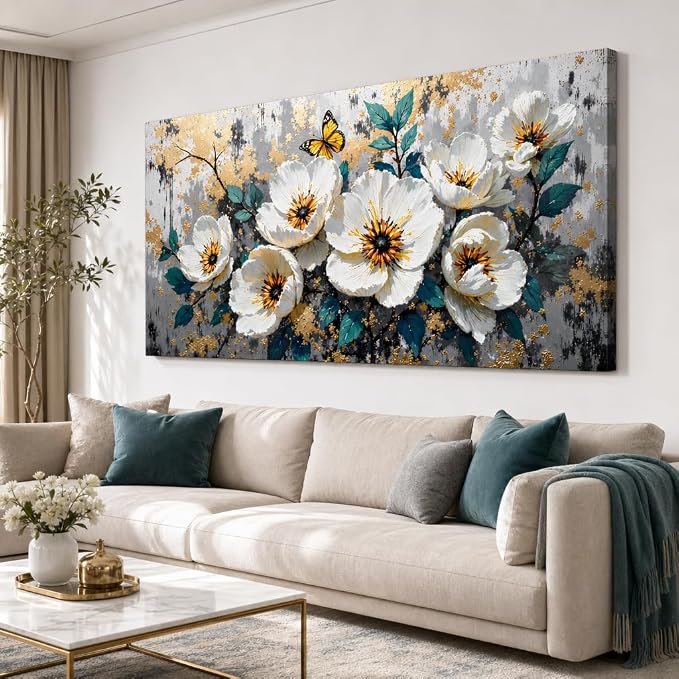 Wall Art Flower Abstract Canvas Painting Textured Picture, Modern Landscape Artwork Framed for Living Room Bedroom Bathroom Office Home Decor 58x28in