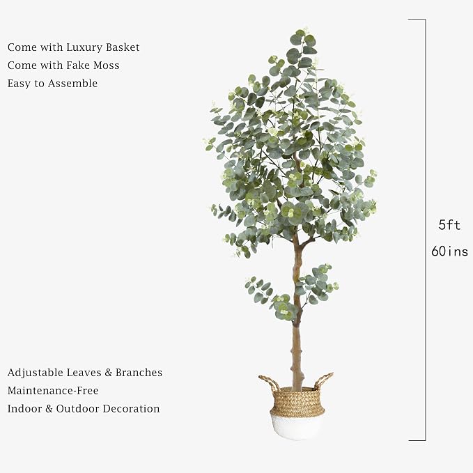 Artificial Eucalyptus Plant 5ft, Fake Tree with Basket, Faux Eucalyptus Plants with White Silver Dollar Leaves, Faux Floor Trees for Home Office Decor Indoor Outdoor