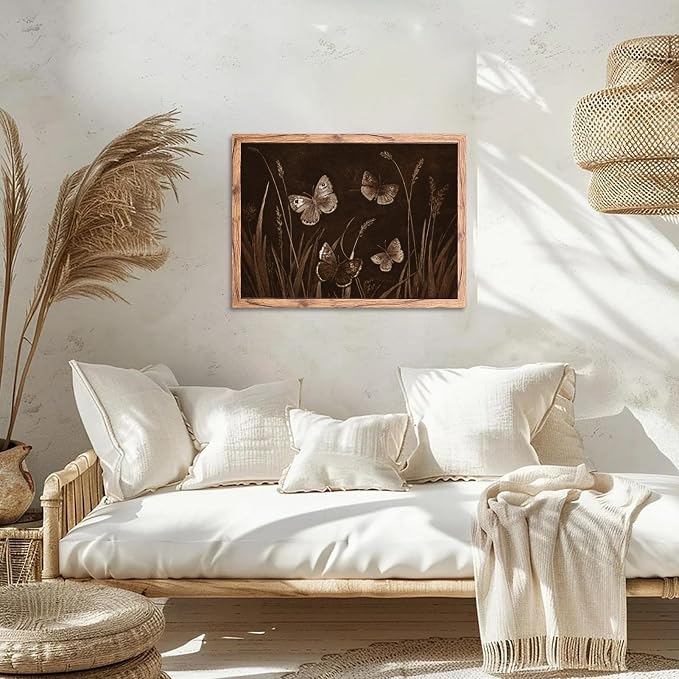 KBBYT Large Framed Wall Art Dark Academic Decor Vintage Butterfly and Grass Poster Canvas Print Rustic Farmhouse Painting Picture Wall Decor for Living Room Bedroom Home Kitchen 24x36inch Wood Framed