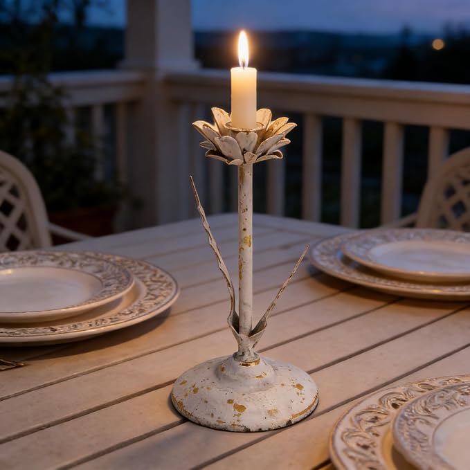 Vintage Lotus Flower Taper Candle Holders Set of 2, Distressed White Gold Metal Candlestick Stands, Rustic Farmhouse Tabletop Centerpiece for Wedding, Dining & Home Decor
