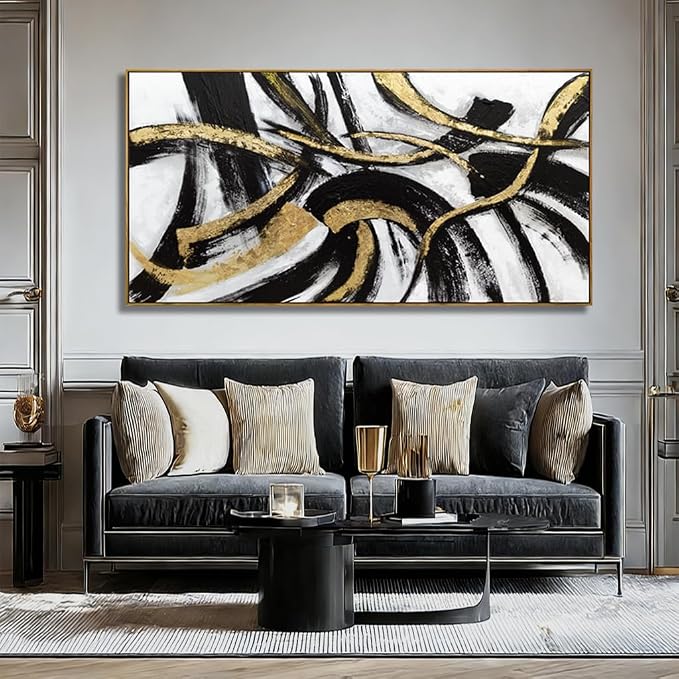 Black And Gold Abstract Framed Wall Art Minimalist Lines Painting Artwork Modern Picture Prints Large Wall Decor 24"x48"