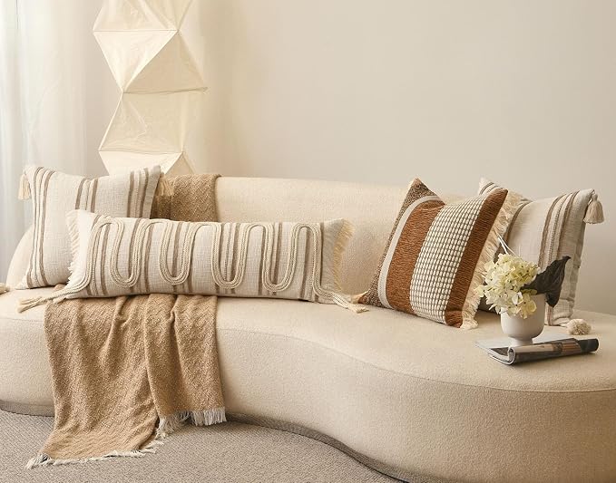 Beige Boho Lumbar Pillow Cover 14x36 with Handmade Drawn Work | Modern Farmhouse Long Lumbar Decorative Pillows Cushion Case for Bed Couch Accent Decor