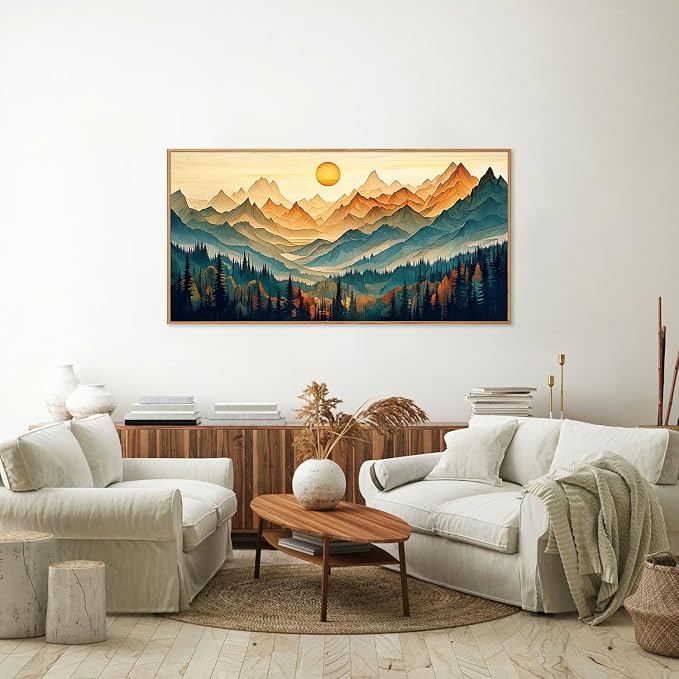 Tinonedraw Large Mountain Framed Canvas Wall Art, Boho Nature Forest Wall Decor, Neutral Wooden Pine Trees Artwork, Sunrise Ridge Landscape Art Printing for Living Room Bedroom Office 20"x40"