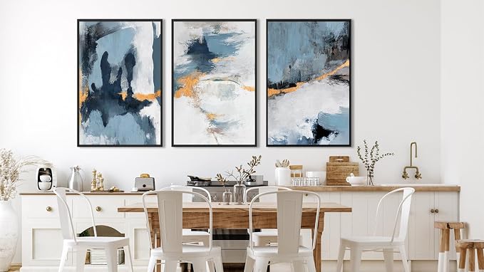 Large Framed Abstract Wall Art - Natural Framed Canvas Pictures for Living Room Modern Canvas Prints Grey Blue for Bedroom, Black Float Frame Art for Home Office Kitchen Decor 24" X 36" X 3pcs