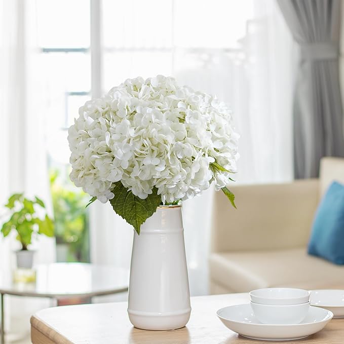 BonBloom's 4 Pcs White Hydrangea Artificial Flowers, 21" Stem Real Touch Latex Faux Hydrangeas Flowers for Tables Centerpieces, Outdoor Party Floral Arrangements Wedding Bouquets Home Decor