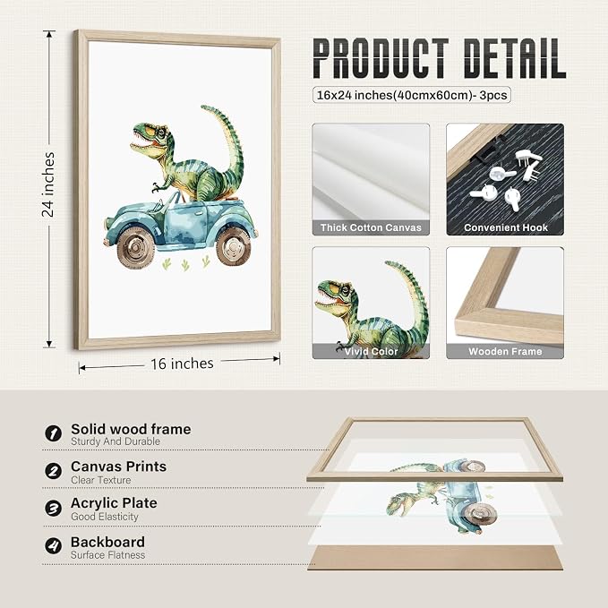 Dinosaur Nursery Wall Art Kids Canvas Poster Baby Boy Nursery Wall Decor Green Dino Pictures Toddler Prints Cartoon Dino Car Painting Boys Room Artwork for Bedroom Bathroom 16x24x3 Inch White Framed