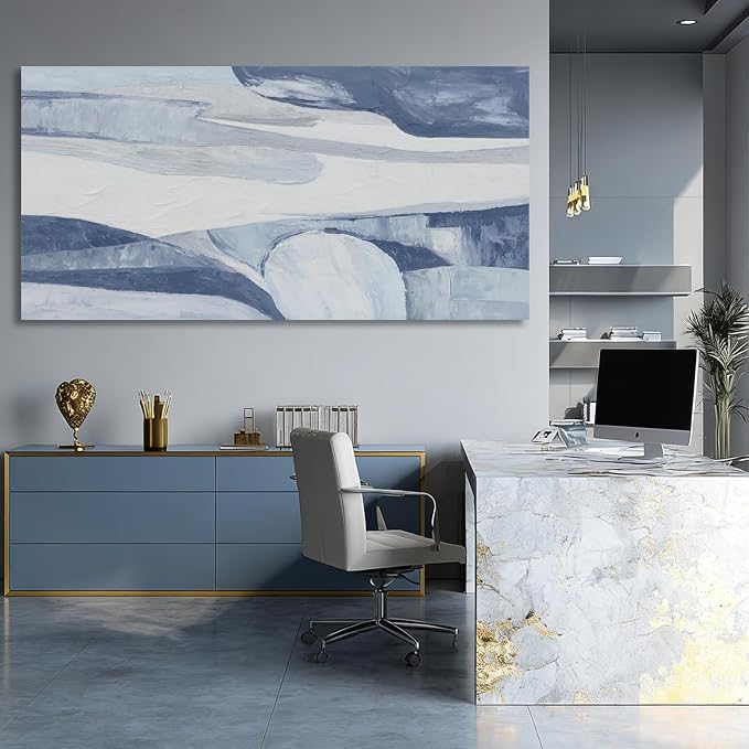 Hue7Art Abstract Blue and White Canvas Wall Art Contemporary Minimalist Landscape Artwork with Flowing Lines for Living Room Bedroom Office Entryway Wall Decor 29x58 Inch