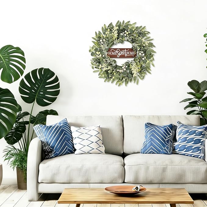 Artificial Eucalyptus Wreaths for Front Door, Spring Summer Wreath with Welcome Home Sign, Olives Leaves, Mixed Berries for Indoor Outdoor Farmhouse Porch Wall Window Festival Décor 20 Inch