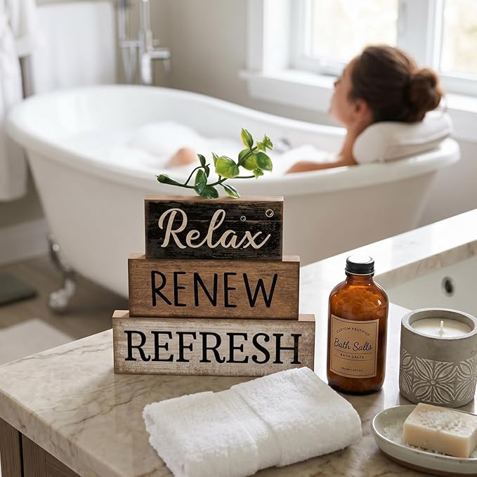 Moucuny 4 Pcs Bathroom Shelf Decor Sign Farmhouse Bathroom Decor and Accessories Rustic Eucalyptus Leaves Block Sign Gift Relax Renew Refresh Farmhouse Table Centerpiece for Home Office Toilet