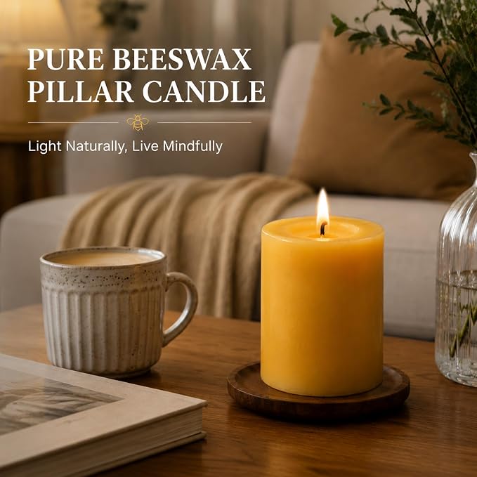 Beeswax Candles Pillar 3x4 Inch, 2 Pack Non Toxic Bees Wax Candle for Home Decor, Large Natural Organic Pillar Candle with 60 Hours Long Burning Time for Emergency, Meditation, Relax
