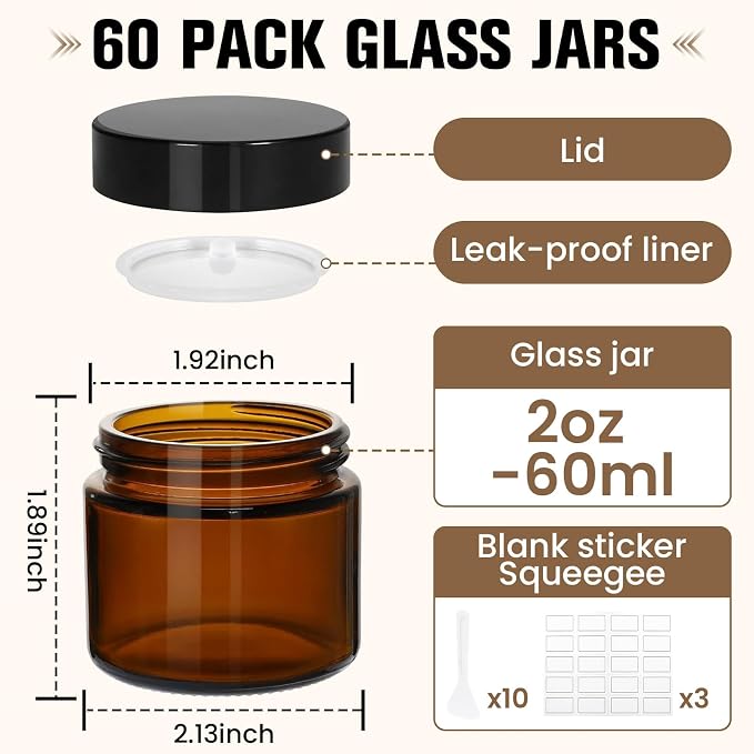 60 Pcs 2 oz Glass Jars with Lids, Amber Glass Jars with 60 Labels & 10 Spatulas, Inner Liners, LeakProof, UV-Protective,Round Glass Containers for Essential Oils, Spices, Candle Making,DIY
