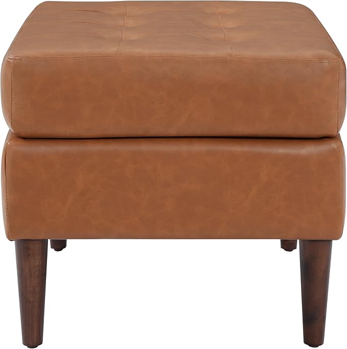 Christopher Knight Home Dalla Faux Leather Ottoman Coffee Table, Small Living Room Sofa Footrest, Wooden Rectangular Ottoman Footstool, Guest Extra Seat, Tan Brown+Walnut