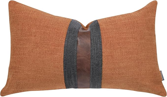 BOYSUM Set of 2 Leather Throw Pillow Covers Lumbar Cotton Linen Decor Patchwork Pillow Cover Faux Leather Pillows Cover for Couch Sofa Living Room Bedroom,Orange 12"x20"