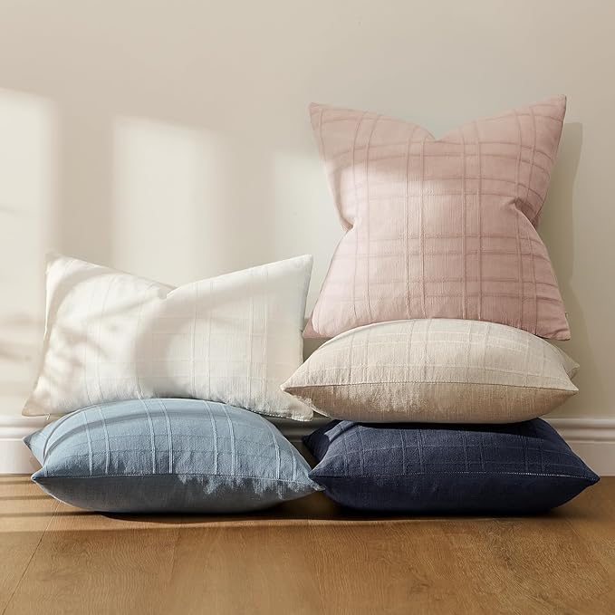 MIULEE Decorative Linen Check Throw Pillow Covers Neutral Farmhouse Vintage Spring Valentine Spring Pillow Covers 18x18 Set of 2 Boho Modern Home Decor for Sofa Couch Bedroom Cushion Light Pink