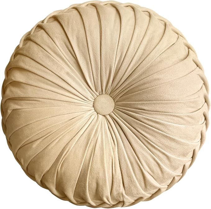 Teieas Round Throw Pillow Velvet Home Decoration Pleated Round Pillow Cushion for Couch Chair Bed Car (Apricot)