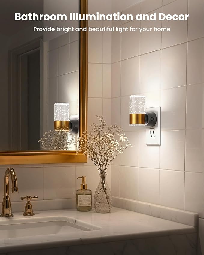 VOLISUN LED Night Lights Plug into Wall, Dimmable Night Light 3 CCT & 5 Brightness Levels, Acrylic Bubble Nightlight with Dusk to Dawn Sensor for Hallway, Bathroom, Stair, Nursery Gold 6 Pack