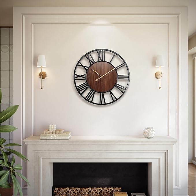 Vantic 24 Inch Large Wall Clock, Roman Numeral Wood Oversized Wall Clocks for Living Room Decor, Farmhouse, Bedroom and Kitchen, Completely Silent, Non Ticking, Battery Operated