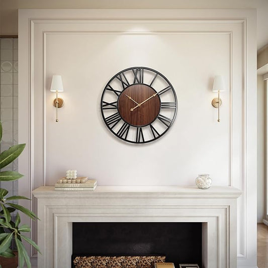 Vantic 24 Inch Large Wall Clock, Roman Numeral Wood Oversized Wall Clocks for Living Room Decor, Farmhouse, Bedroom and Kitchen, Completely Silent, Non Ticking, Battery Operated