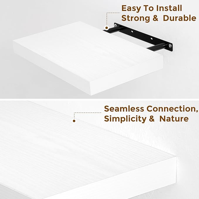 White Floating Shelves, 16 inch Wooden Floating Shelves for Wall, 9.3in Deep Wall Mounted Shelf for Storage & Organizer, Shelving for Bathroom Living Room Kitchen Bedroom, 16 x 9.3 x 1.5 in, 2 Packs