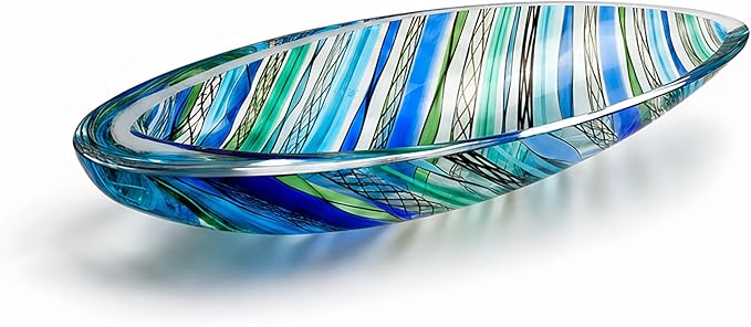 Ca D Oro Murano Style Small Decorative Bowl and Centerpiece Boho with Blue/Green Canes Hand Blown Art Glass Crystal for Home and Room Decoration - 50 MS