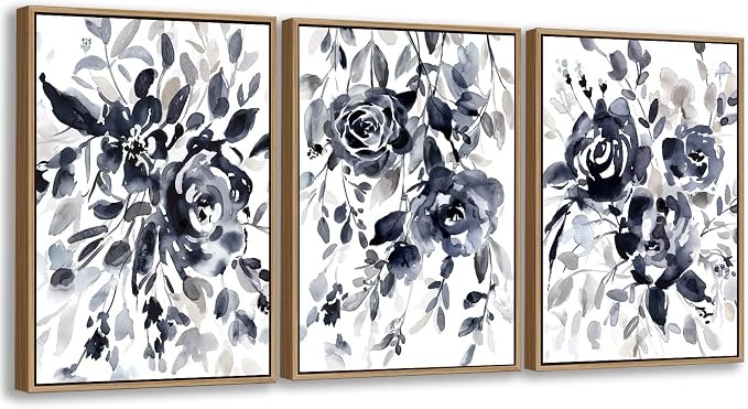 Large Flowers Wall Art for Living Room Natural Wood Float Framed Art Set of 3 Black Roses Pictures Artwork Canvas Prints for Bedroom Kitchen Home Office Wall Decor 20"X28"X3