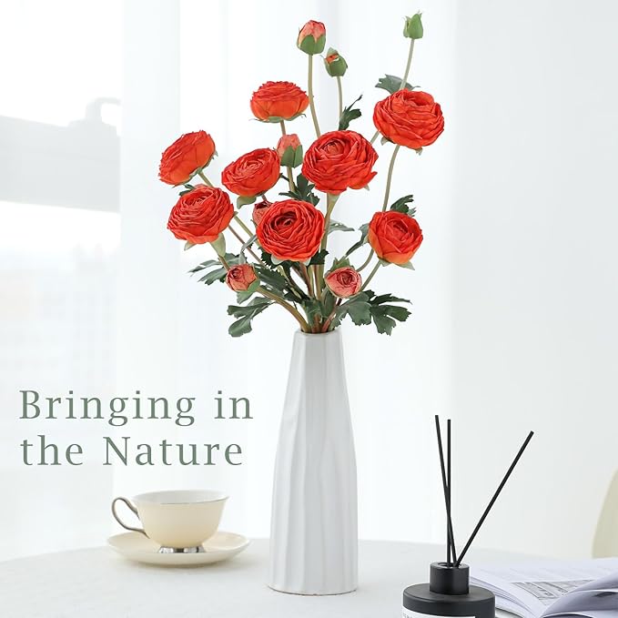 6Pcs Realistic Orange Silk Ranunculus Artificial Flowers Long Stems, 23.6" Tall Fake Flowers Faux Flowers Suit for Year-Round Home Decoration, Wedding, Bridal Bouquets, Office