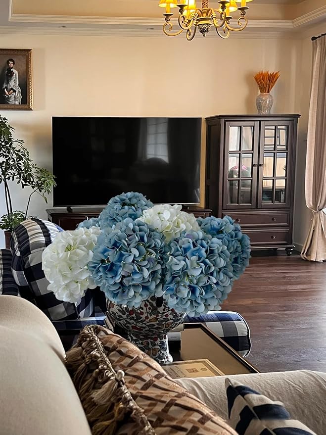 ZYTUYO 5 Pcs Light Blue Silk Hydrangeas Artificial Flower Boho 20'' Faux Hydrangeas for Spring Home Decor Kitchen Living Room Porch Wreath Indoor Outdoor Wedding Flower Arrangement