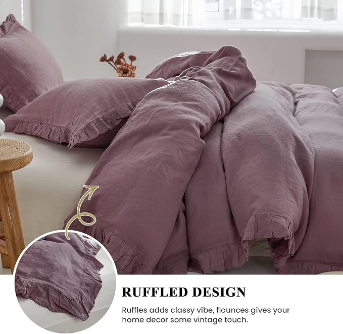 Simple&Opulence 100% Linen Duvet Cover Set, 3 PCS Natural French Flax Purple Ruffle Duvet Cover Queen Size, Breathable Comfy Linen Bedding Comforter Cover with 2 Pillowcases (Purple, 88" X 92")