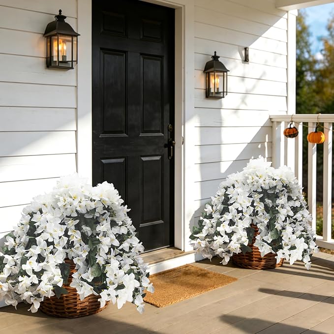 Grunyia Artificial White Bougainvillea Vine, 4 Pcs UV Resistant Fake Flowers Trailing Plant, Realistic Silk Leaves for Outdoor/Indoor Decor, Hanging Basket Wedding Arch Garden Home Decoration(White)